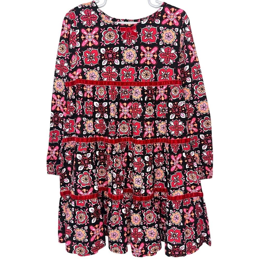 Hanna Andersson Black Red Floral Tile Tiered Velvet Trim Dress